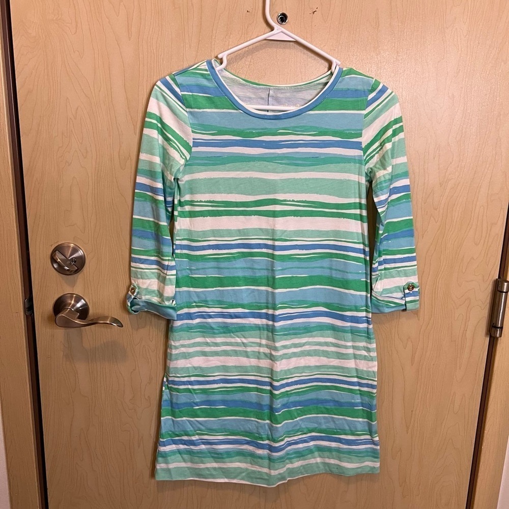 Womens Lilly Pulitzer Sea Scape Linden 3/4 Sleeves Blue Green Striped Dress